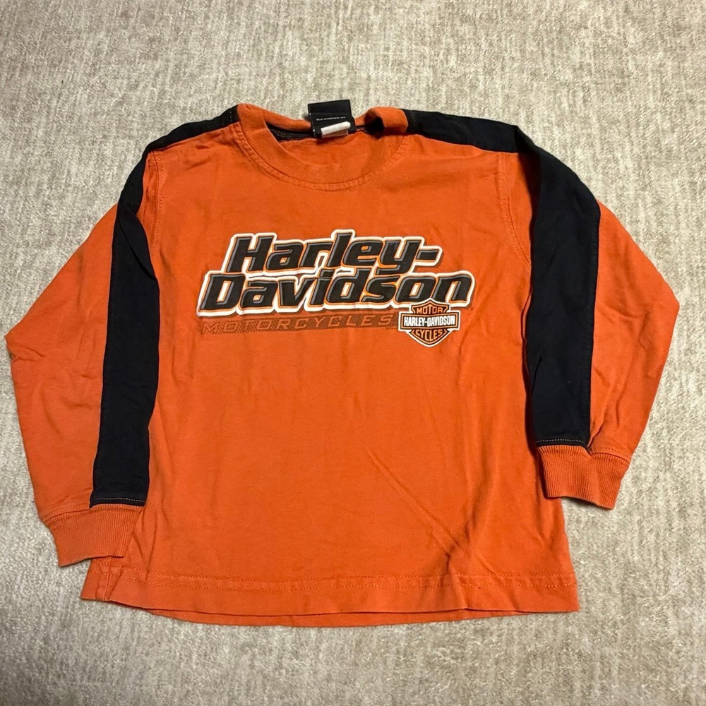 Harley Davidson Youth 5/6 Orange Black Long Sleeve Shirt Vintage USA